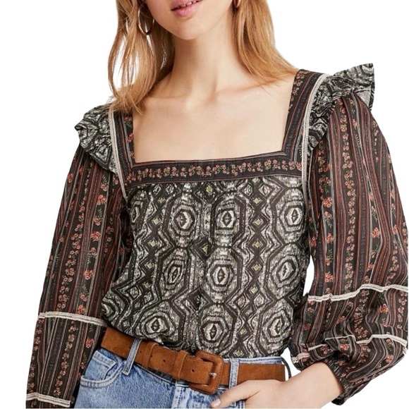 Free People Tops - Free People Mostly Meadow Boho Hippie Puff Sleeve Semi Sheer Lace & Fringe Top